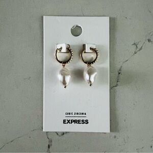 EXPRESS NWT Pearl Teardrop Cubic Zirconia Huggie Earrings